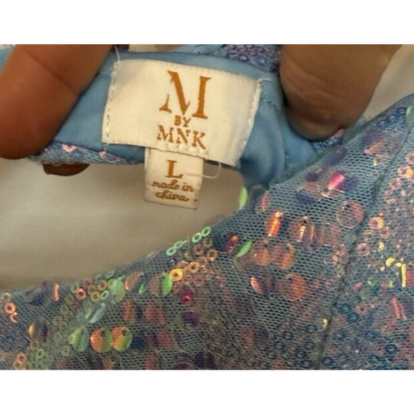 MNK Ice‎ Blue Sequin Mini Bodycon Cocktail Party Dress Size L Glam Girly Y2K - Picture 12 of 12